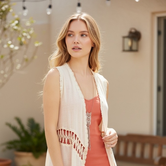 NEW•Zen Bohemian•Boho Chic Cream Fringe Crochet Detail Vest - Picture 3 of 5